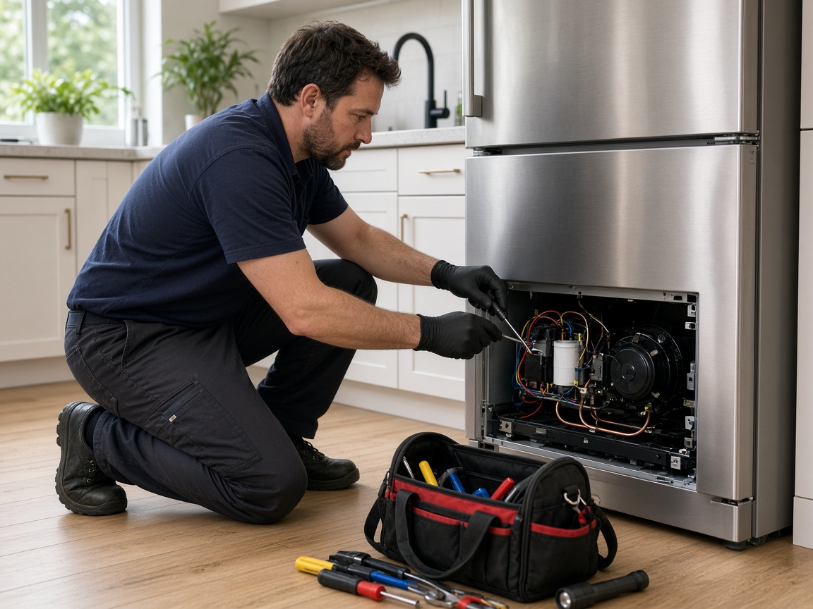 Technician repairing a stainless-steel kitchen refrigerator