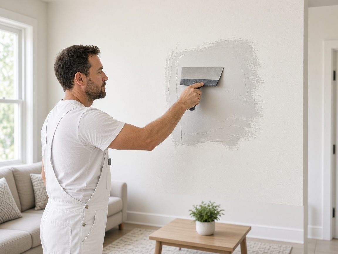 Drywall specialist smoothing a wall patch in a living room