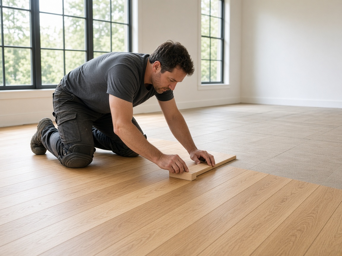Installer laying oak hardwood flooring in a living room